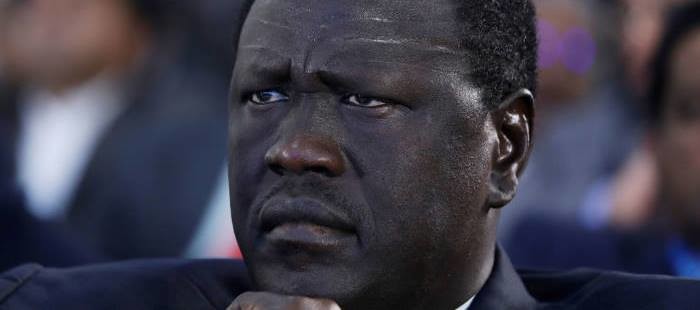 Ezekiel Lol Gatkuoth listens to a speech during Petrotech conference in Greater Noida, India, February 10, 2019. REUTERS/Anushree Fadnavis/File Photo