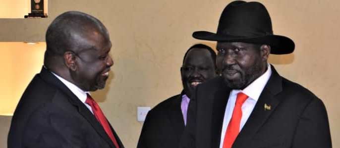 President Salva Kiir and opposition leader Riek Machar meet in Juba on October 19, 2019. (SSPPU)