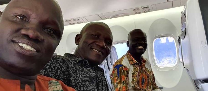 Photo: Stephen Ochalla, Justin Bake and Stanislaus Luwala leaving Juba on February 16, 2020 to participate in the workshop