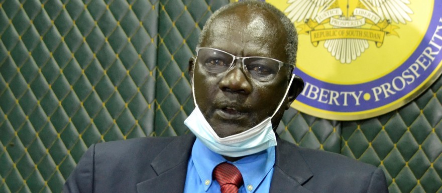 Information Minister, Michael Makuei, speaking to reporters after an extraordinary cabinet meeting in Juba on October 14, 2020. [Photo: Radio Tamazuj]