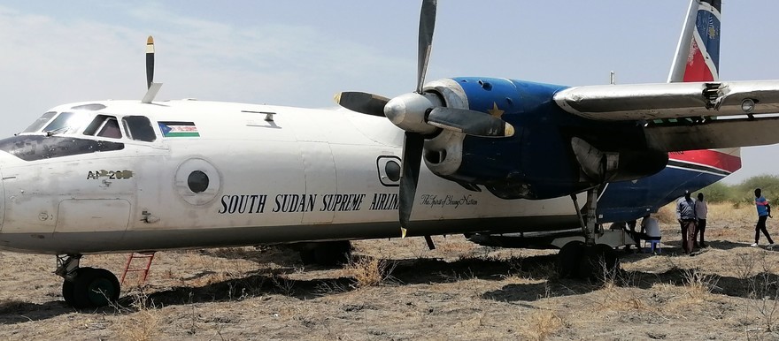 A cargo plane appears to have gone off of a runway at Renk airstrip on June 6, 2020. (Radio Tamazuj photo)