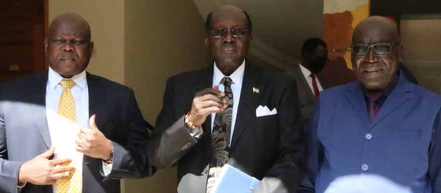 Magan Amum (Left), Barnaba Marial (Middle) and Paul Malong (Right) during the opening session of the peace talks in Naivasha, Kenya on March 8, 2021.