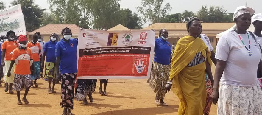 Women marching at the Torit Freedom Square as they mark the launch of the 16 Days of Activism against Gender-Based Violence in EES on 26 Nov 2021. [Photo: Radio Tamazuj]