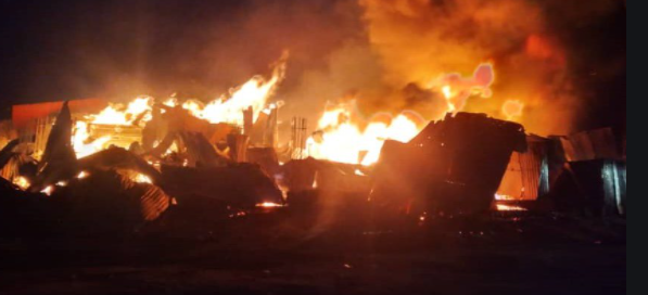 A section of Juba's customs market on fire on Monday night. (Courtesy photo)