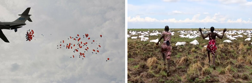 Relief from the sky: people in the most remote and difficult to reach areas of South Sudan rely on WFP airdrops for food. (Photos: WFP/Sabine Starke (L) and WFP/Photolibrary)