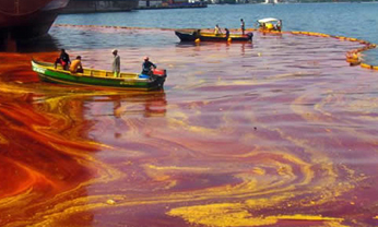 A water body contaminated by an oil spill. Internet photo