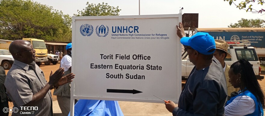 EES Governor Louis Lobong and UNHCR Special Envoy in the horn of Africa Mohamed Abdi Affey during the official opening of UNHCR Field Office in Torit 11th February 2022. [Photo: Radio Tamazuj]