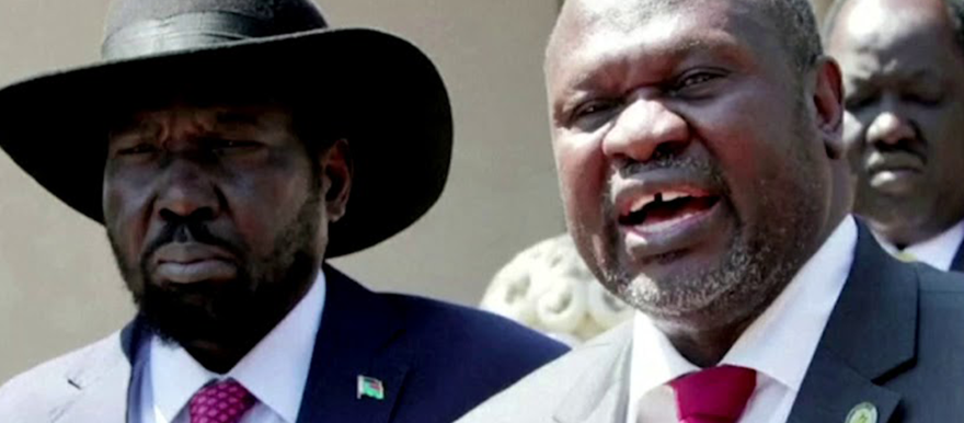 SPLM/A-IO leader Riek Machar speaks during a news statement with President Salva Kiir (L) after a meeting in Juba, on December 17, 2019. (REUTERS)
