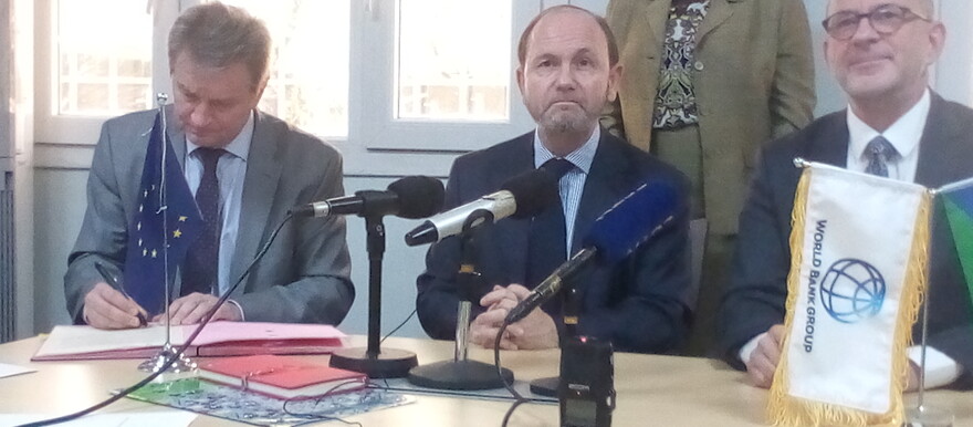 EU Ambassador to South Sudan Timo Olkkonen (L), World Bank Country Manager for South Sudan Firas Raad (C) and Tomas Brundin, the Head of the Embassy of Sweden’s Office in South Sudan  (R) at a press conference in Juba on 30 January 2023. [Photo: Radio Tamazuj]