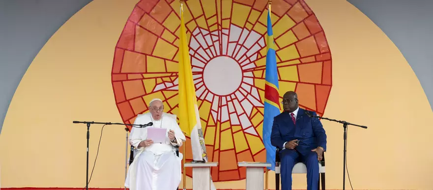Pope Francis speaks at an audience with the Democratic Republic of Congo's authorities, diplomats, and representatives of civil society in the on Jan. 31, 2023. At right is President Felix Tshisekedi of the Democratic Republic of Congo. [Photo: Vatican Media]
