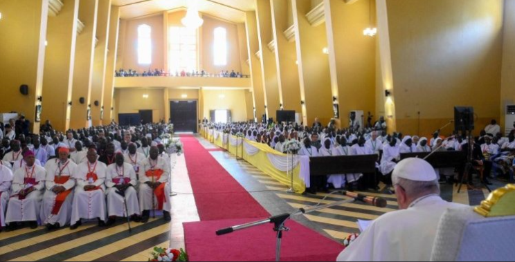 Pope addresses the Catholic clergy at St. Theresa Cathedral in Juba. (Photo/Vatican Media)