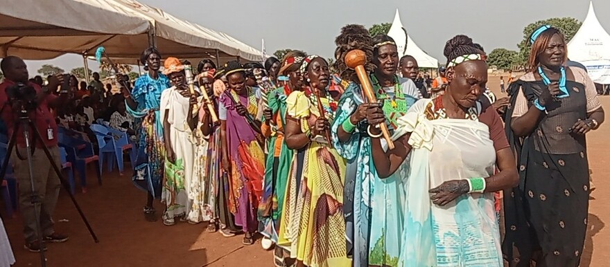 A traditional band from the Shilluk community performing at Mathiang playground in Aweil town on 30 March 2023 (Radio Tamazuj)