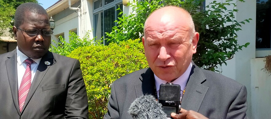 UK Ambassador to South Sudan, Guy Warrington, speaking to reporters after a meeting with Justice Minister Reuben Madol Arol in Juba on Wednesday, May 31, 2023. (Radio Tamazuj)