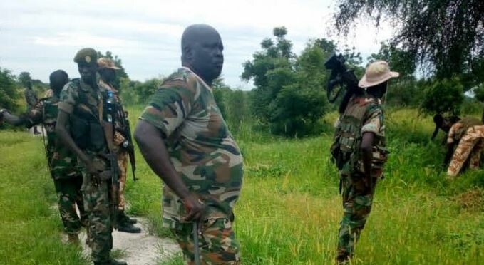 Rebel leader Gen. Stephen Buay Rolnyang and his troops at a location near the Sudanese border. (File photo)