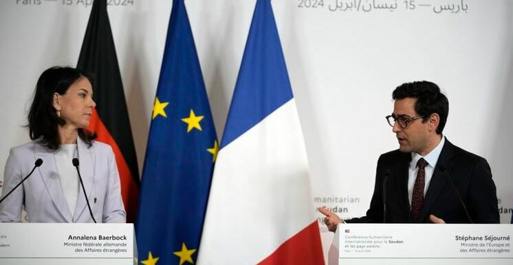 German Foreign Minister Annalena Baerbock (L) and French Foreign and European Affairs Minister Stephane Sejourne (R) attend a joint news conference as part of the International Humanitarian Conference for Sudan and neighboring countries in Paris on Monday, 15 April 2024. (Credit: Associated Press)