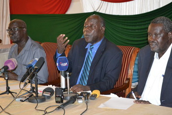 File photo: South Sudan's co-chair Angelo Beda (middle) speaks at a press conference in Juba on Thursday, 15 June, 2017. (Radio Tamazuj