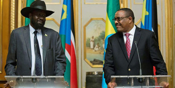 File photo: President Salva Kiir (left) and Ethiopian Prime Minister Hailemariam Desalegn give a joint press conference in Addis Ababa on February 24, 2017. (AFP)