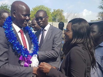 File photo: Chol Deng Abel during his reception at the office on Thursday following his appointment. (Radio Tamazuj)