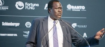 South Sudan’s petroleum minister Ezekiel Gatkouth speaks at the oil conference in Juba, October 16, 2017 (APO)
