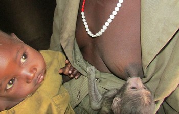 File photo:  A woman tenderly breastfeeding a baby monkey alongside her own child in Gogrial state. (Radio Tamazuj)