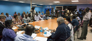 Wide view of a press conference by two Commissioners of a three-member team from the UN Commission on Human Rights, at the end of their South Sudan trip on 15 September 2016. UNMISS/Isaac Billy