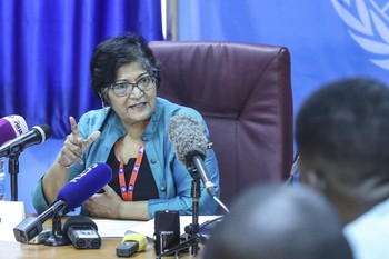 Yasmin Sooka, Chairperson of the Commission on Human Rights in South Sudan, at a press conference in Juba, South Sudan, 15 December 2017 ©UNMISS Photo