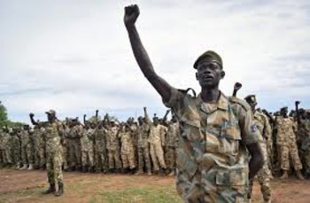 File photo: Soldiers cheer at a ceremony marking the 34th anniversary of the Sudan People's Liberation Army (SPLA), attended by President Salva Kiir, in the capital Juba. (AP /Samir Bol)