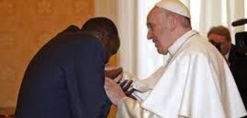 Pope Francis meets President Salva Kiir during a private audience at the Vatican, Saturday, March 16, 2019. (Associated Press)