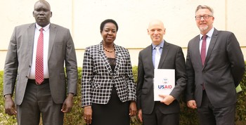 The principals at the launch of the project (from left to right): David Yau Yau, Boma State Governor, Jemma Nunu Kumba;  Minister of Wildlife Conservation and Tourism;  Tom Hushek, U.S. Ambassador to South Sudan and Jim hope, USAID Mission Director. PHOTO: Embassy of the United States in Juba