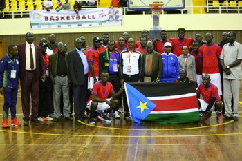 Image: Group photo of South Sudan military team in Nairobi, Kasarani Stadium basketball court