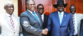 UN Photo/Isaac Billy | President Salva Kiir (centre) and SPLM-IO leader Dr. Riek Machar met on 11 September 2019 in Juba