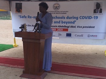 Minister of General Education and Instructions Awut Deng Achuil during the reopening of schools launch May 3rd. [Photo: Radio Tamazuj