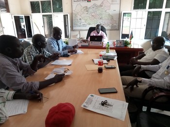 N. Bahr el Ghazal State information minister chairs meeting with workers from the ministry, radio, and TV on 14 June 2021 [Photo: Radio Tamazuj].jpg